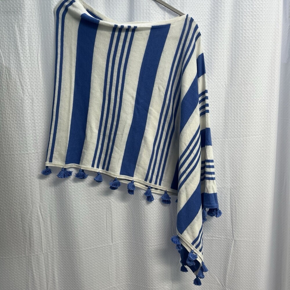 Caroline Grace Women’s Blue & White Stripe Tasseled Cashmere Blend Poncho